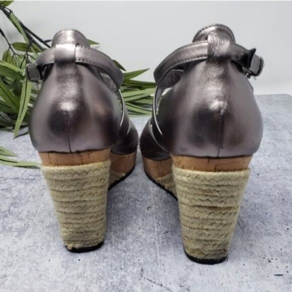 Cole Haan | Gunmetal Gray Silver Espadrille Wedge Sandals - Picture 4 of 10